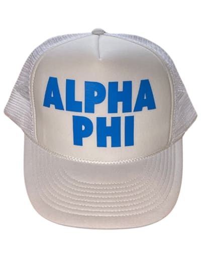 Alpha Phi White with Bright Blue Trucker