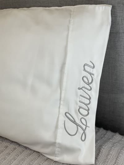 White Pillowcase with Script - Grey Thread