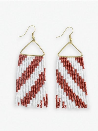 Striped Beaded Fringe Earrings Burnt Orange and White