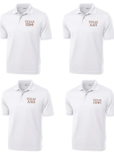 TEXAS Sorority Polo- White with B/O- Choose Sorority