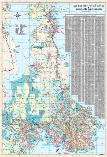 Greater Victoria & Saanich Peninsula wall map. Extending north from Victoria, the Saanich Peninsula, it is bounded by Saanich Inlet on the west, Satellite Channel on the north, the small Colburne Passage on the northeast, and Haro Strait on the east. Show