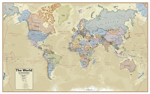 Executive Boardroom World Wall Map - laminated. This world map has each country in a different color, has lots of detail and contains great detail including the capitals and populations of different countries. This map comes laminated and measures 38 inch