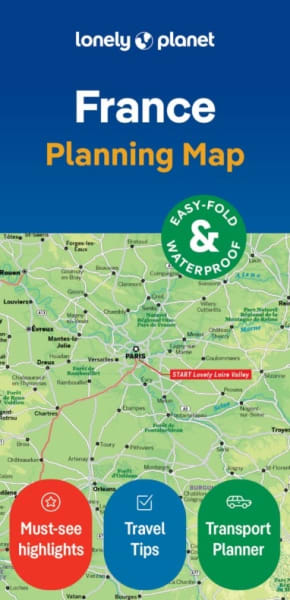 Front cover of Lonely Planet France Planning Map displaying waterproof paper design and travel route highlights across France.