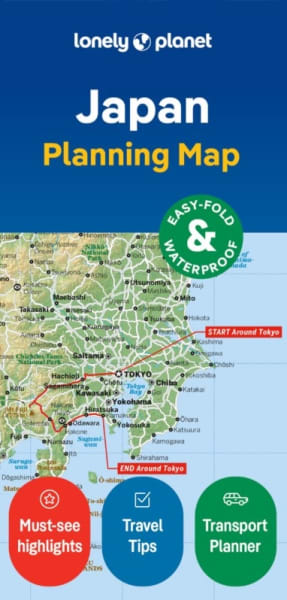 Front cover of Lonely Planet Japan Planning Map displaying waterproof paper design and travel route highlights across Japan.