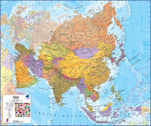 Large political wall map of Asia printed on fine waterproof media featuring color-coded countries, national flags, and major city locations.