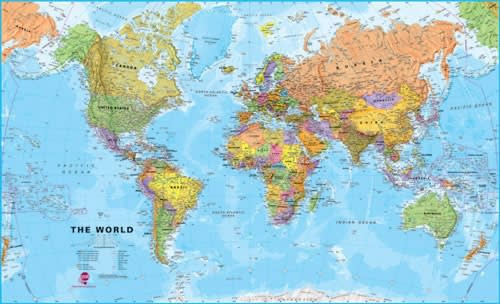 World Wall Map Political - XL. This extra large politically colored world wall map features every country as a different colour. All major towns and cities are featured on our huge map and capital cities are clearly marked. Hill and sea shading add to the