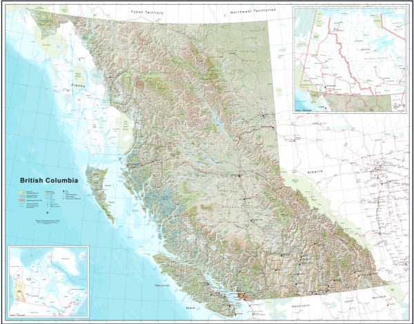 British Columbia 3D Relief Wall Map showing detailed highways, shaded elevation, major lakes, and the Yukon territory.