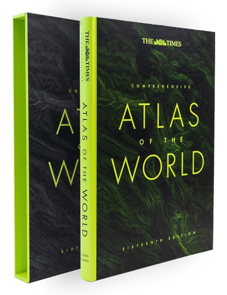 Hardcover book cover of The Times Comprehensive Atlas of the World 16th Edition in its protective slipcase.