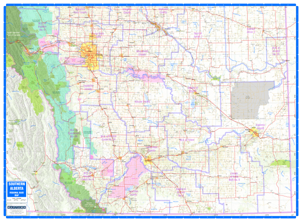 Southern Alberta Regional Wall Map. This regional road map of Southern Alberta is a current map with parks, places (cities, towns, villages and hamlets), highways, major roads, township and range roads, First Nations and Metis Settlements, Counties, MD's