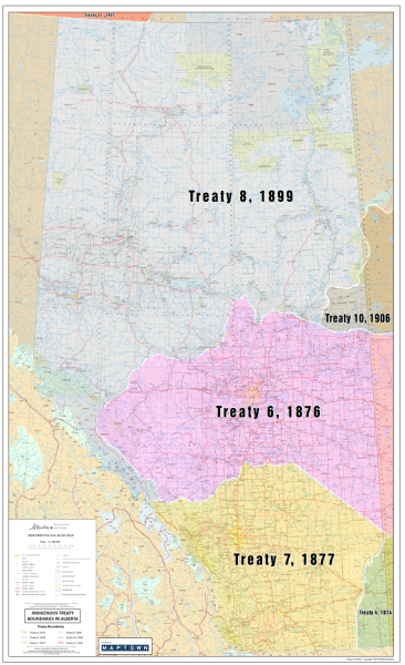 The definitive Alberta Provincial Wall Map displaying all Indigenous Treaty Boundaries (4, 6, 7, 8, 10, 11), including First Nations and MÃ©tis Settlements, DLS grid, and full infrastructure.