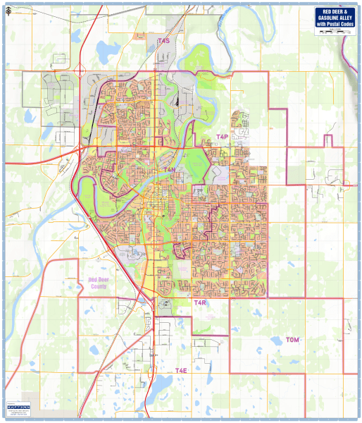 Red Deer and Gasoline Alley postal code wall map 36x42 showing FSA boundaries, street grid, and highway networks.