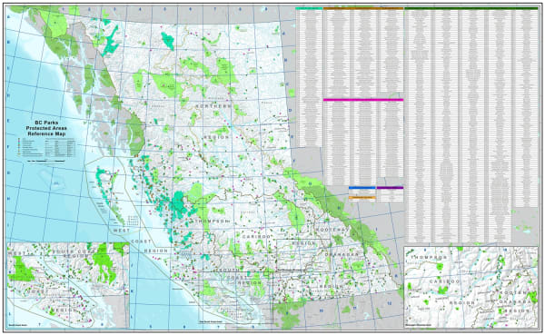 The incredible map visually emphasizes BC's diverse provincial parks, protected areas, national parks, ecological reserves, conservancies and conservation study areas, using a numbers and letters reference system to quickly find a park or protected area.