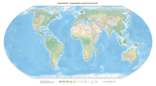 Download or print the Equal Earth Physical Map (55x30). An accurate, equal-area world map featuring high-detail shaded relief, ocean floor topography, and true-to-size continents.