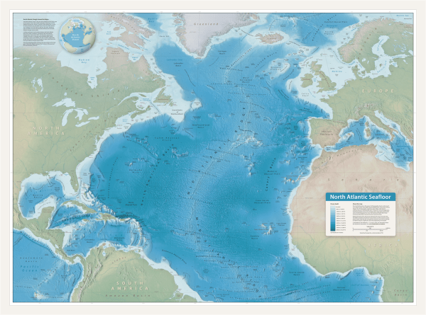 Comprehensive 41x30 bathymetric wall map showing the North Atlantic seafloor, Mid-Atlantic Ridge, and deep-sea basins with shaded relief.