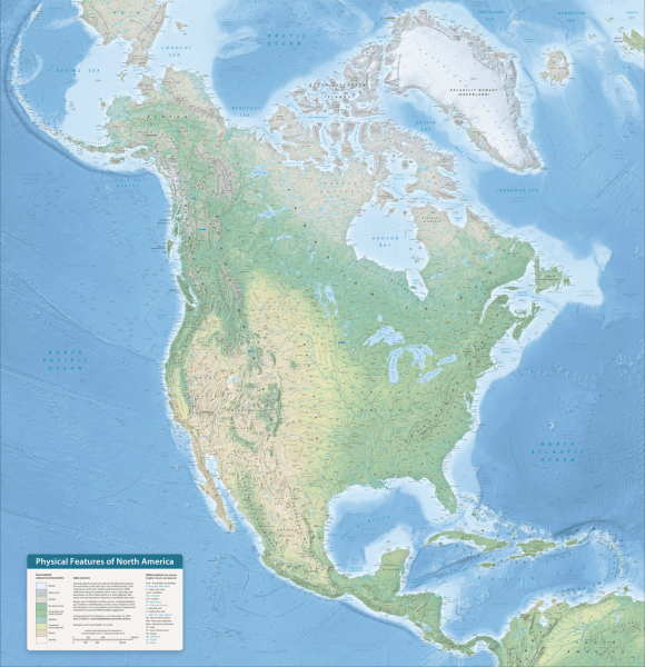 Explore the continent with our 41x43 physical wall map of North America. Features detailed shaded relief, color-coded biomes, and all elevations/depths in feet (Imperial). Perfect for classrooms and offices.