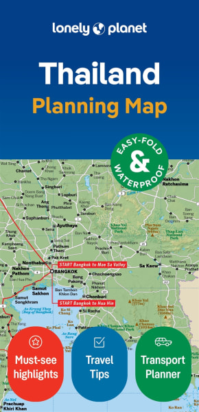 Lonely Planet Thailand Planning Map featuring a waterproof, tear-resistant design, protective slipcase, and easy-fold layout for tropical travel.