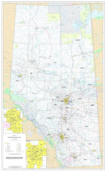 Current 1:1,000,000 Alberta Electoral Divisions Map, showing all Provincial Constituencies, highways, DLS townships, sections, and political boundaries. Essential for planning.