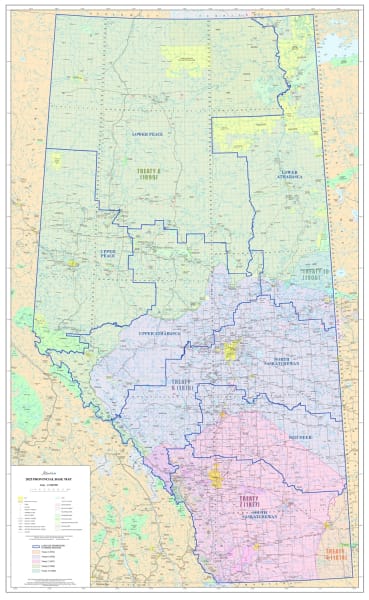 Alberta Wall Map (1:1M) showing Indigenous Treaty Boundaries and Land-use Framework (LUF) Regions. Includes First Nations, MÃ©tis Settlements, DLS grid, and full infrastructure.