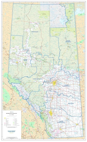 The definitive Alberta Provincial Base Map showing the Land Use Framework (LUF), Green Areas, ESRD regions, and full infrastructure. Essential for planning and land management.