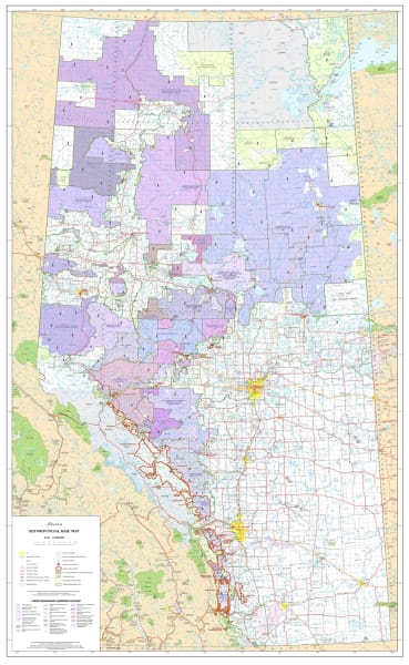 The definitive Alberta Wall Map showing all Forest Management Units (FMUs) and FMA Holders. Essential for timber management, forestry planning, and resource development. Scale 1:1,000,000.