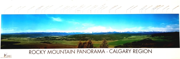 Rocky Mountain Panorama Poster.  This is a panoramic view of the City of Calgary facing west towards the Rocky Mountains. Features an overview picture of Calgary with mountains in the background. Names of each mountain is indicated on the