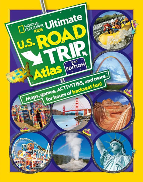 National Geographic Kids Ultimate US Road Trip Atlas activity book with state maps and games