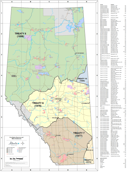 Definitive Alberta Provincial Base Map showing all First Nation Reserves and MÃ©tis Settlements. Includes Treaty Boundaries 4, 6, 7, 8, & 10 with a full index for locations.