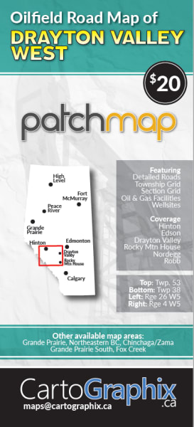 Oilfield Road Map of Drayton Valley West. Oilfield Road Map of Drayton Valley West. Features accurate PatchMap oilfield roads, labeled gas and waste plants, well sites, compressor stations, township grid with sections, detailed streams and water bodies, p