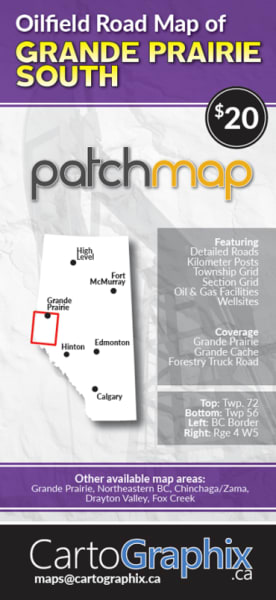 Oilfield Road Map of Grande Prairie South. Features accurate PatchMap oilfield roads, labeled gas and waste plants, well sites, compressor stations, township grid with sections, detailed streams and water bodies, parks and protected areas, First Nations r