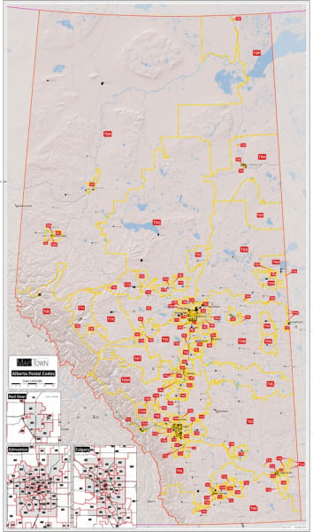 Alberta Provincial Base Map Postal Codes map. This is a simplified Alberta base map that shows all the Postal Code Forward Sortation Boundaries in Alberta. Shows cities, towns, primary and secondary roads and lakes. It includes insets of Calgary Edmonton