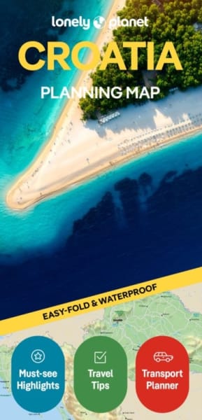 Front cover of Lonely Planet Croatia Planning Map displaying waterproof paper design and travel route highlights across Croatia.