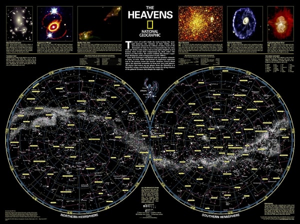 Explore the night sky with the National Geographic "The Heavens" Wall Map. This detailed star chart features constellations, nebulae, and all 2,844 unaided-eye stars for both the Northern and Southern Hemispheres. Perfect for stargazers and astronomy enth