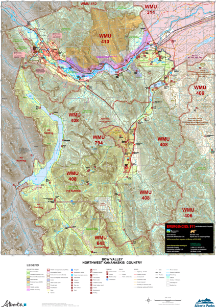 Bow Valley NW Kananaskis WMU Map.  The maps shows the boundary for Kananaskis Country, the Public Land Use Zones, crown land, private or freehold land, park boundaries, wildlife corridors and sanctuaries, camping spots, trailheads, roads, atv trails, hiki
