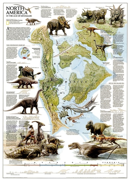 North American Dinosaurs National Geographic Poster. Imagine North America with great inland seas and a fabulous array of dinosaurs ranging across its expanse. North America in the Age of Dinosaurs shows the continent as it was 74 million years ago. The m