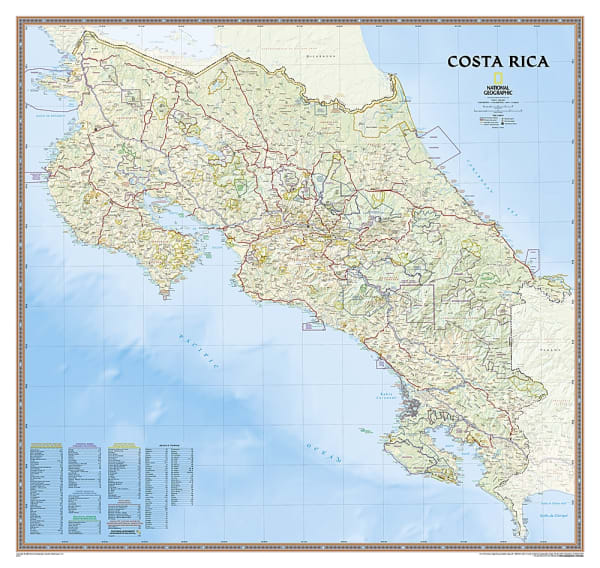 National Geographic Costa Rica political wall map featuring national parks, protected conservation areas, marine sanctuaries, and regional roads.