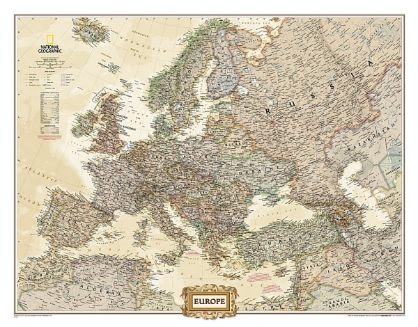 Europe Executive Wall Map - National Geographic. Make a statement with the newest addition to our European Wall Map library. The rich tones of the Political Executive map combine the popular antique look with up-to-date information so that you have a map