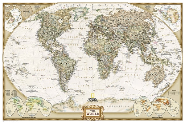 World Executive National Geographic Wall Map Poster. This elegant, richly colored antique-style world map features the incredible cartographic detail that is the trademark quality of National Geographic. The map features a Tripel Projection, which reduces