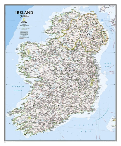 Ireland Political Wall Map - National Geographic. This classic-style Ireland wall map is one of the most authoritative maps yet published of the Emerald Isle. Of the nearly 1,000 place-names shown on this map, all within the Republic of Ireland adhere to