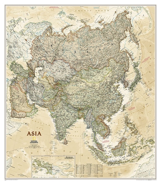 National Geographic Asia Executive wall map featuring an antique sepia-toned political layout, modern boundaries, and detailed continent topography.