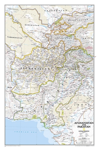 National Geographic Afghanistan and Pakistan Classic wall map featuring detailed provincial borders, highways, and rugged mountain topography.