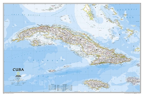 Cuba Classic Wall Map by National Geographic showing detailed topography, islands, and reefs