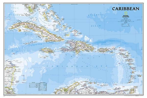 Caribbean Political Wall Map by National Geographic showing political boundaries and geographic features