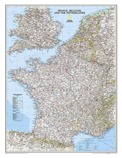 France, Belgium & Netherlands Political Wall Map by National Geographic showing cities, borders, and roads
