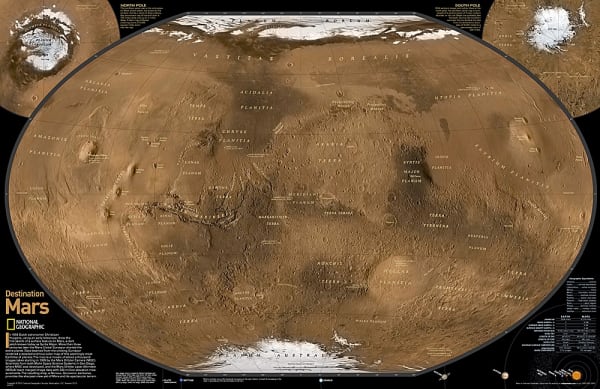 Destination MARS Wall Map - National Geographic. See Mars as it really looks, from the heights of Olympus Mons (nearly 70,000 feet above the surface), to ancient canyons, to Hellas Planitia, the lowest point on Mars, where a meteorite punched a hole in th