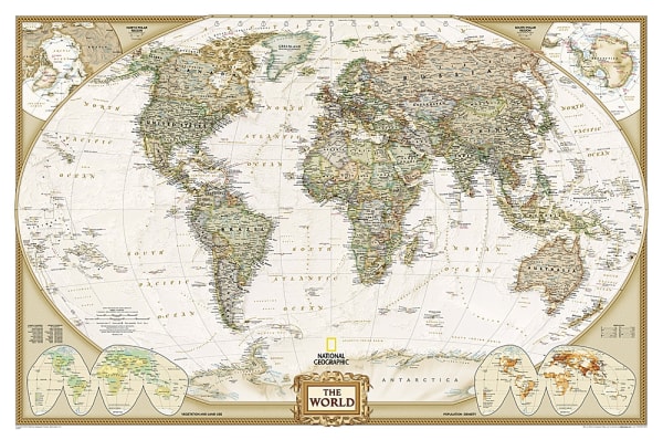 World Executive National Geographic Wall Map. This elegant, richly colored antique-style world map features the incredible cartographic detail that is the trademark quality of National Geographic. The map features a Tripel Projection, which reduces distor