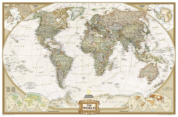 National Geographic World Executive Wall Map XL, antique style, featuring Winkel Tripel Projection, richly colored earth tones, and detailed bathymetry of the ocean floor.