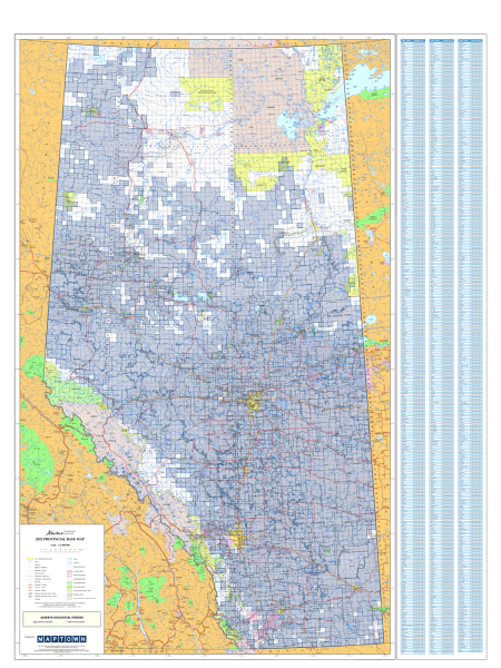 Essential Alberta map for locating Geological Strike Areas. Includes alphabetical reference chart with legal land description (Twp, Rge, Mer).