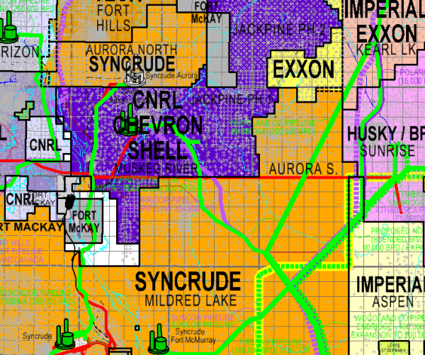 Athabasca East Oil Sands map. Showcases Oil Sands leases in the eastern half of the Athabasca Oil Sands Basin in Alberta. Depicts In-Situ leases predominantly south of Fort McMurray and Surface Mineable leases predominantly north of Fort McMurray. Shows c