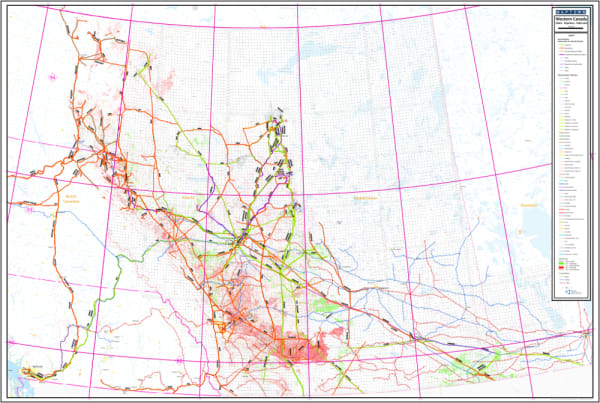 Western Canada Wells Pipelines Railroads Wall Map. All pipeline substances such as Crude Oil, Natural Gas, LNG, Condensate and others with an outside diameter of 16 inches and greater are depicted. The Pipeline System Name or Operator is also noted. There