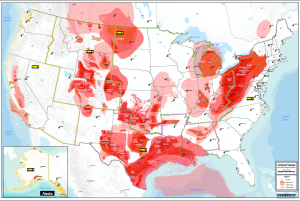 Explore the major US Tight & Shale Gas Plays and Basins, including Appalachian, Permian, & Barnett. Laminated boardroom map shows gas wells and PADD boundaries.